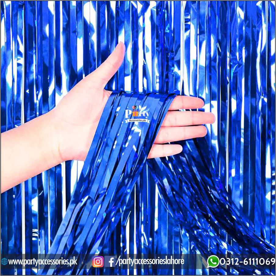 Metallic Foil tinsel fringe Curtains in blue color for wall decoration