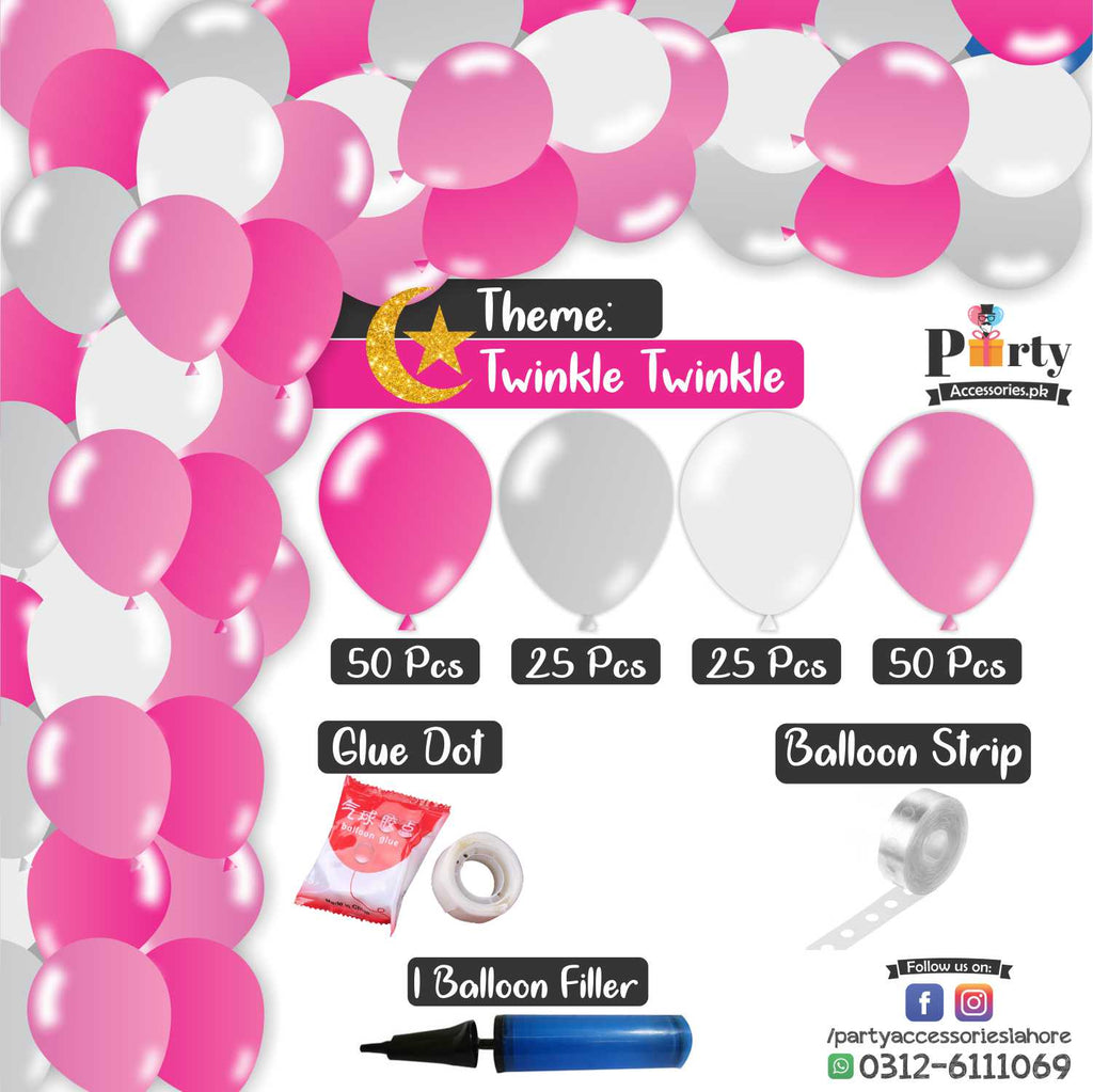 Arch Set Garland kit 150 balloons in Twinkle twinkle theme colors for girls pink and silver