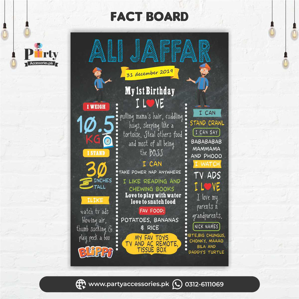 Blippi theme first birthday Customized Fact board \ Milestone board