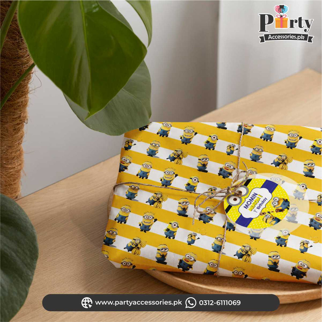 Minion theme Gift wrapping sheet with a tag and jute ribbon