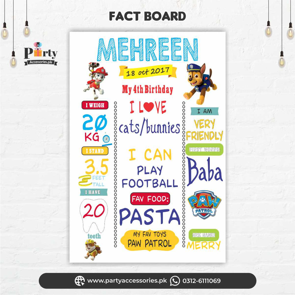 Paw Patrol theme Customized first birthday Fact board / Milestone Board wall decoration ideas