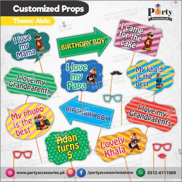 Customized props set for Alvin and the Chipmunks theme birthday party