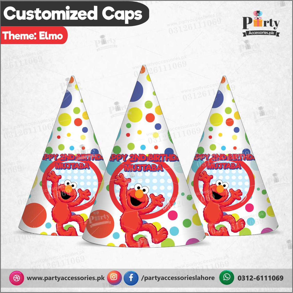 Customized caps in elmo theme birthday party