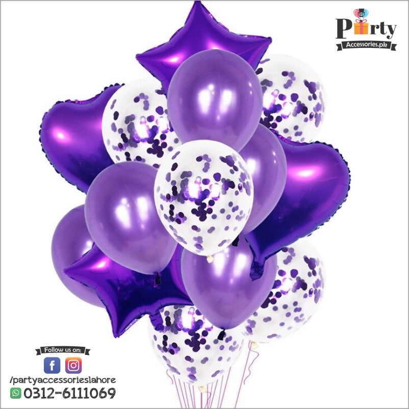Multi confetti balloons set blue 14 pcs | star balloons latex balloons heart foil balloons