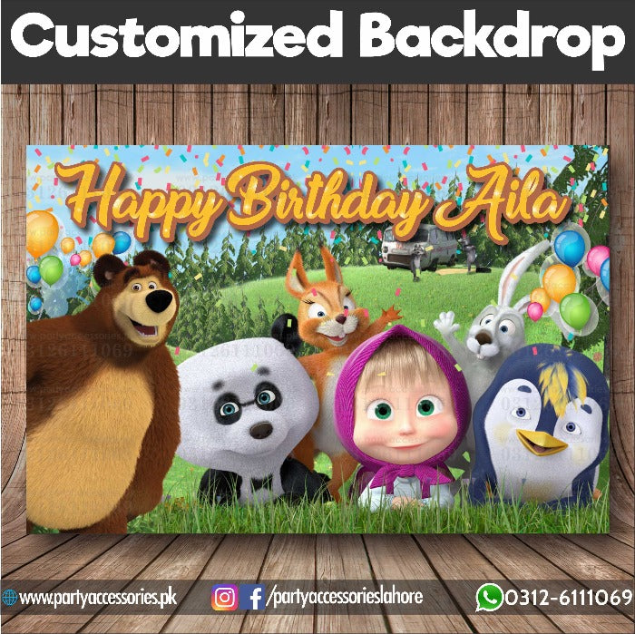 masha and the bear theme customized birthday backdrop[