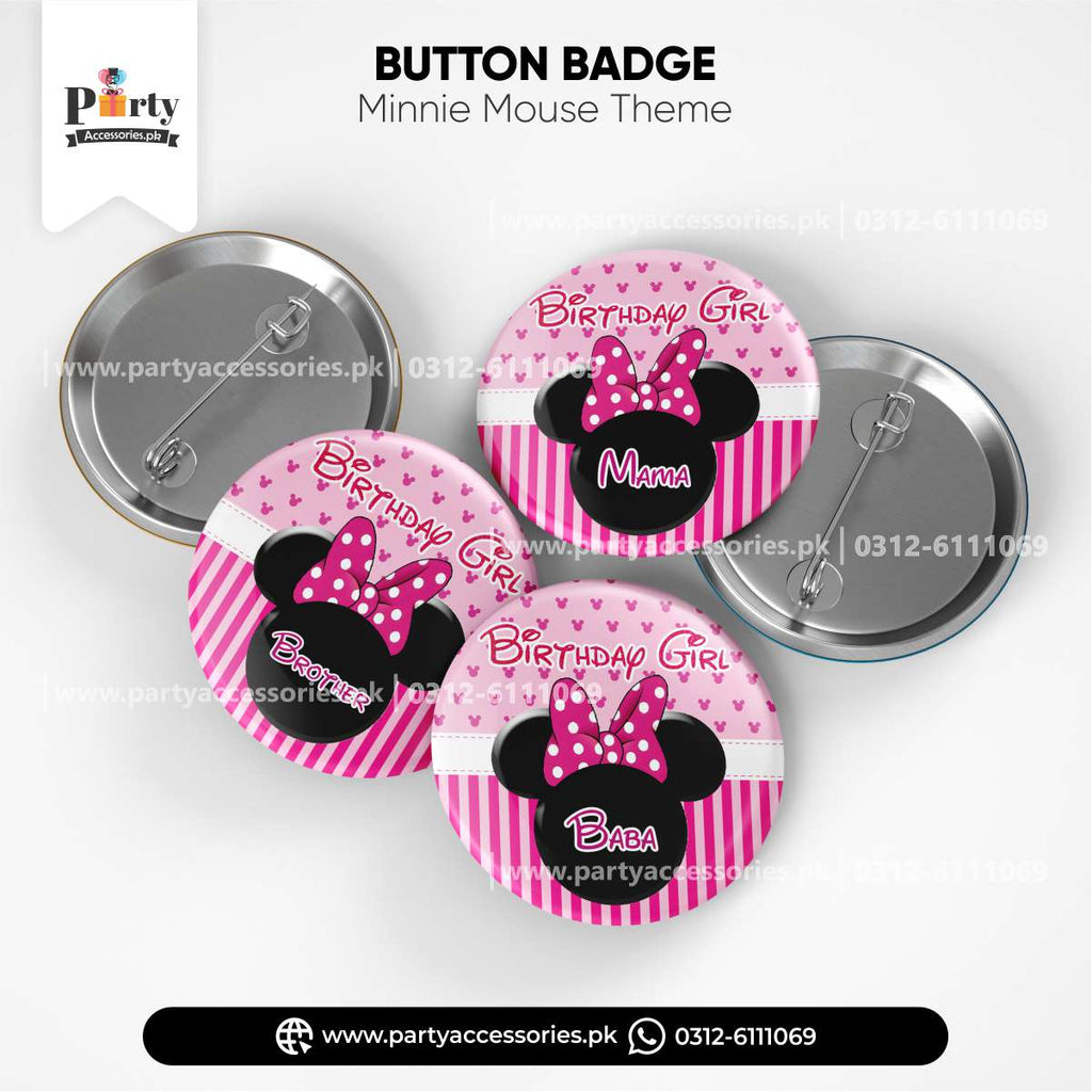 Minnie Mouse Theme Customized Button Badges for Birthday Party Decorations (Pack of 6)