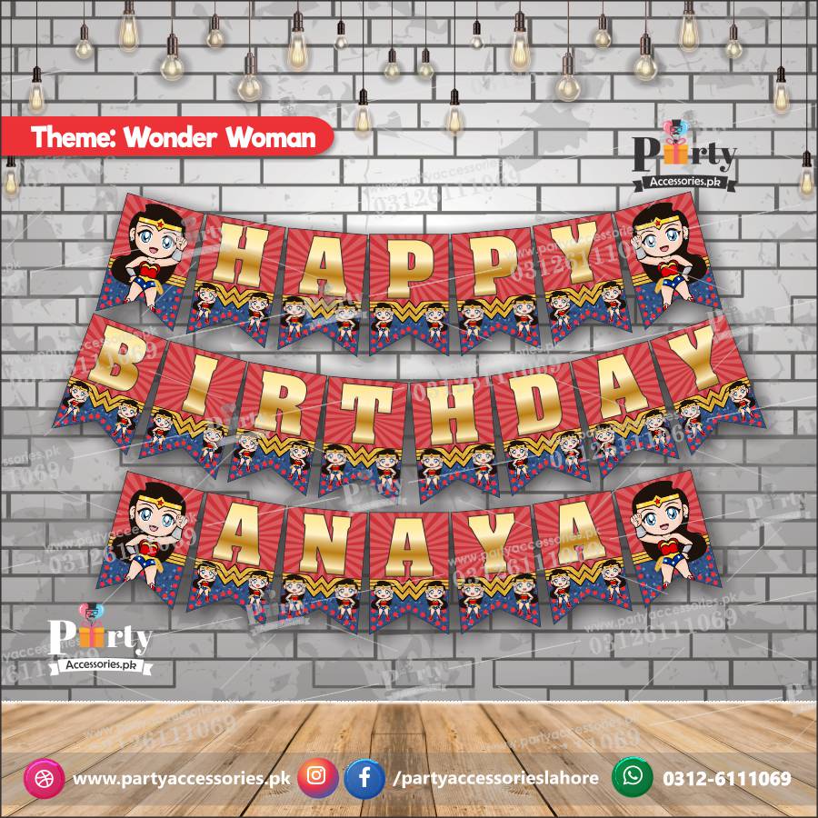 wonder woman theme customized bunting banner for birthday party wall decorations 