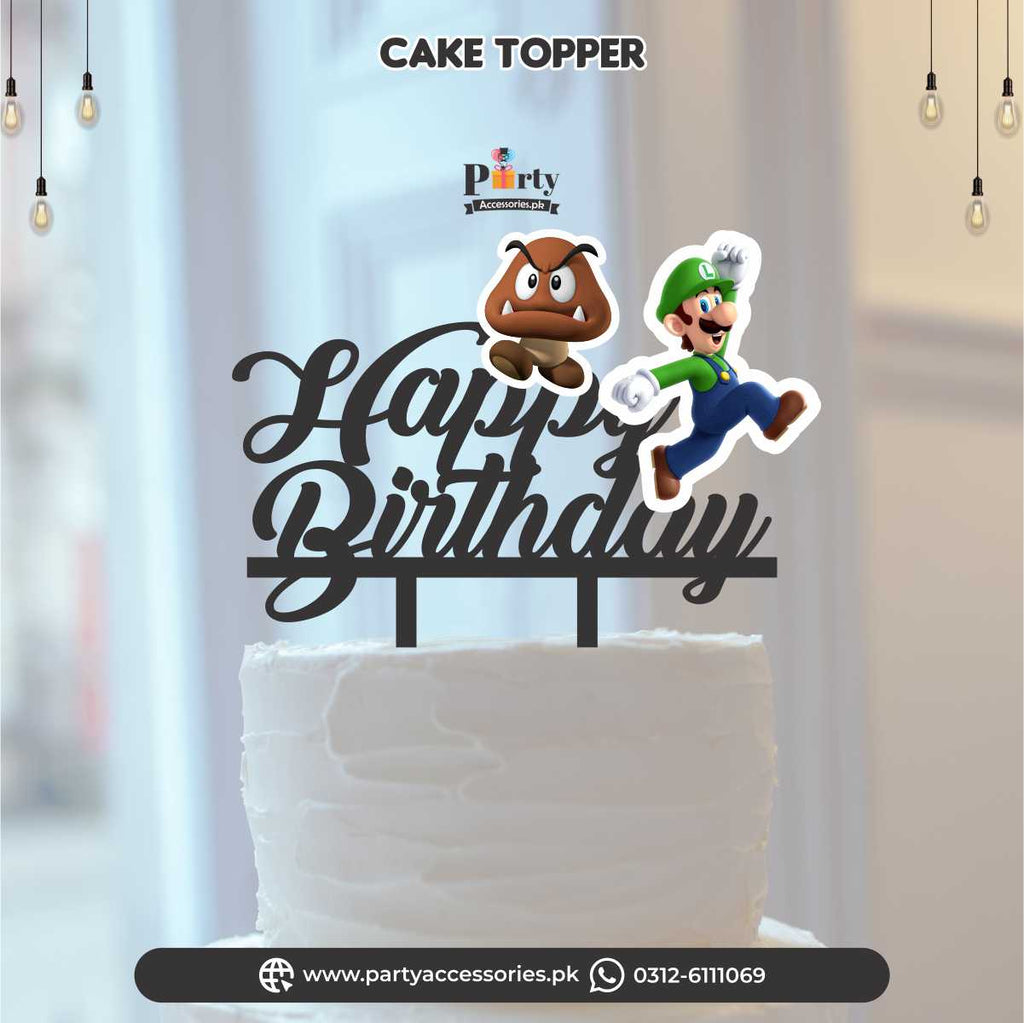 Happy Birthday Wooden Cake Topper in Super Mario Theme 
