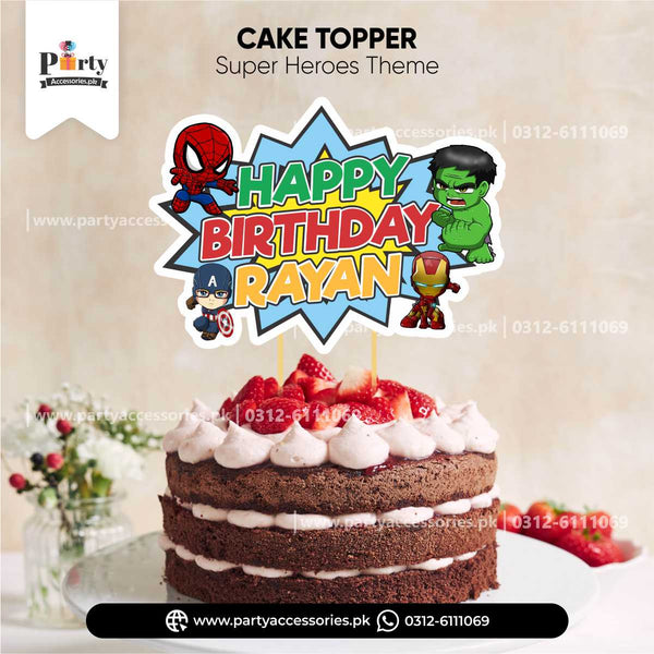 superheroes theme customized birthday cake topper on card