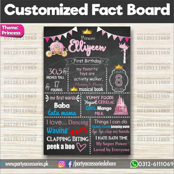 Disney princess theme first birthday customized Fact board for wall decoration 