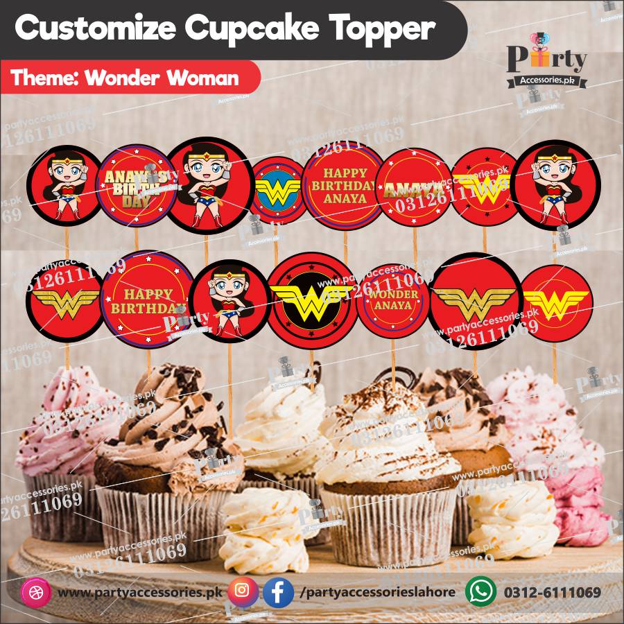 wonder woman theme birthday round cupcake toppers 