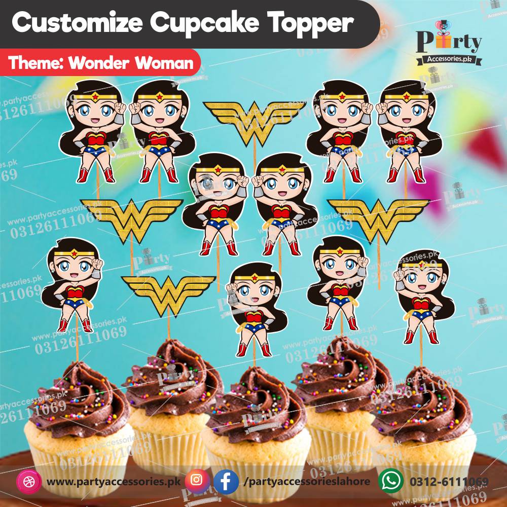 wonder woman theme customized birthday cupcake topper cutouts 