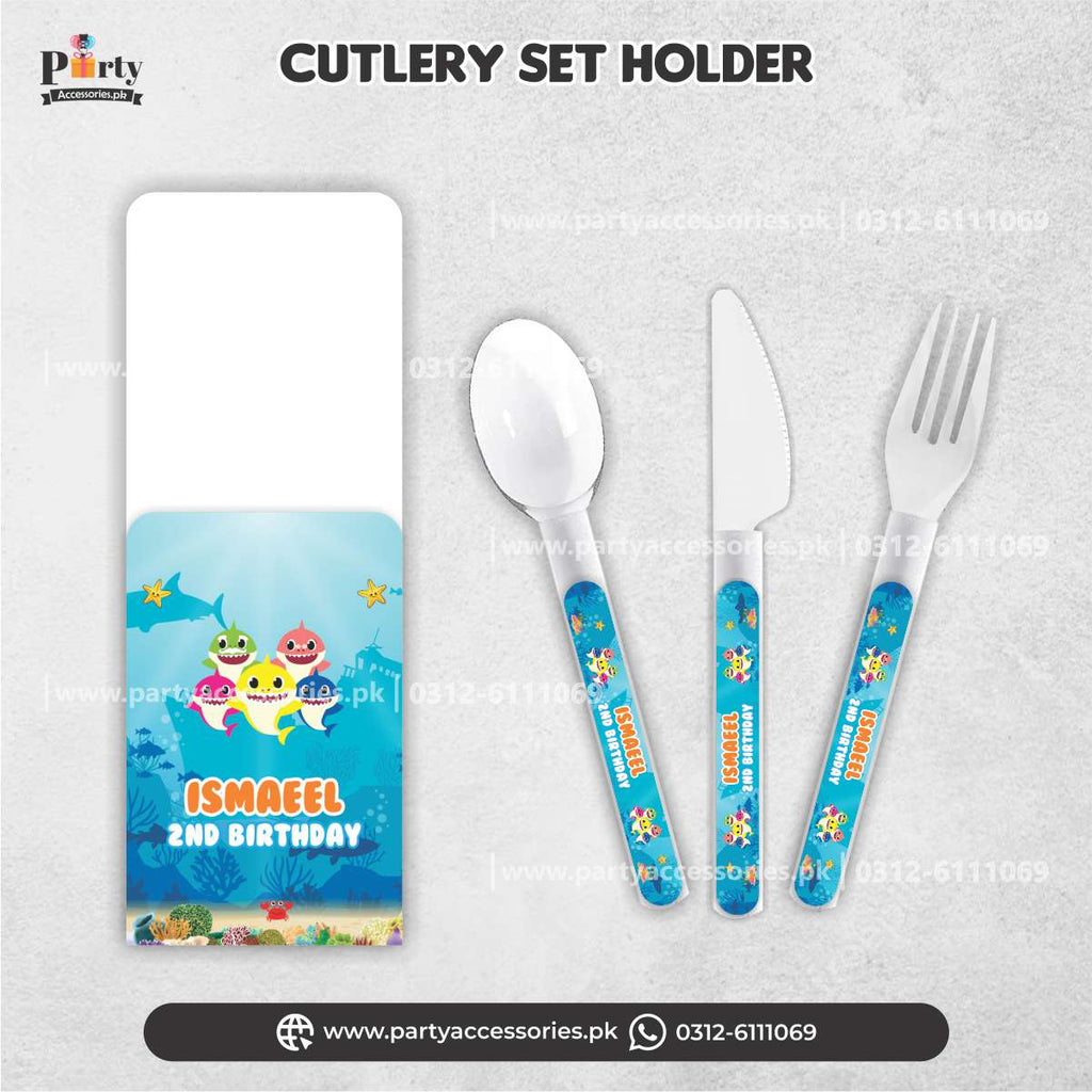 Baby shark theme customized cutlery set with holder for birthday table decoration