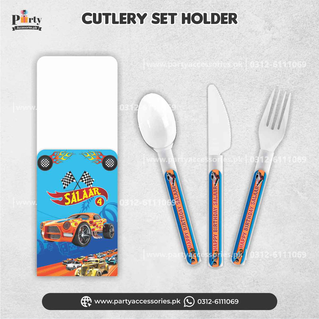 Hot Wheels Theme Customized Cutlery Set with Holders for Birthday Decorations