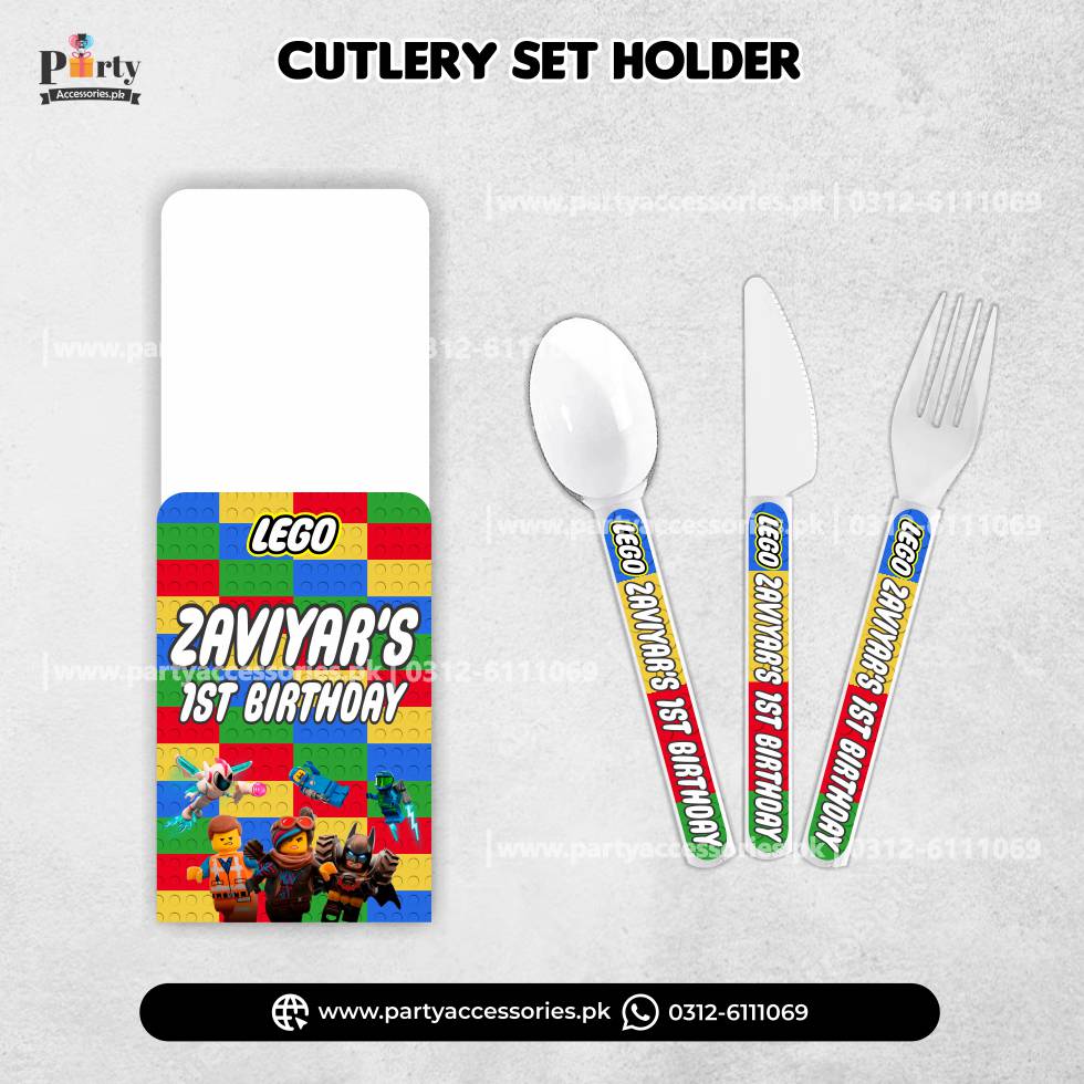 Lego Theme Customized Cutlery Set with Holders for Birthday Table Decorations