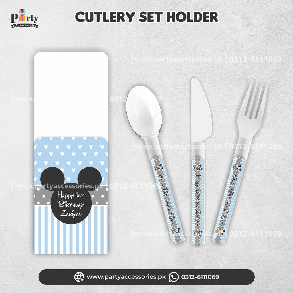 Mickey Mouse Theme Customized Cutlery Set with Holders for Birthday Decorations (Pack of 6)