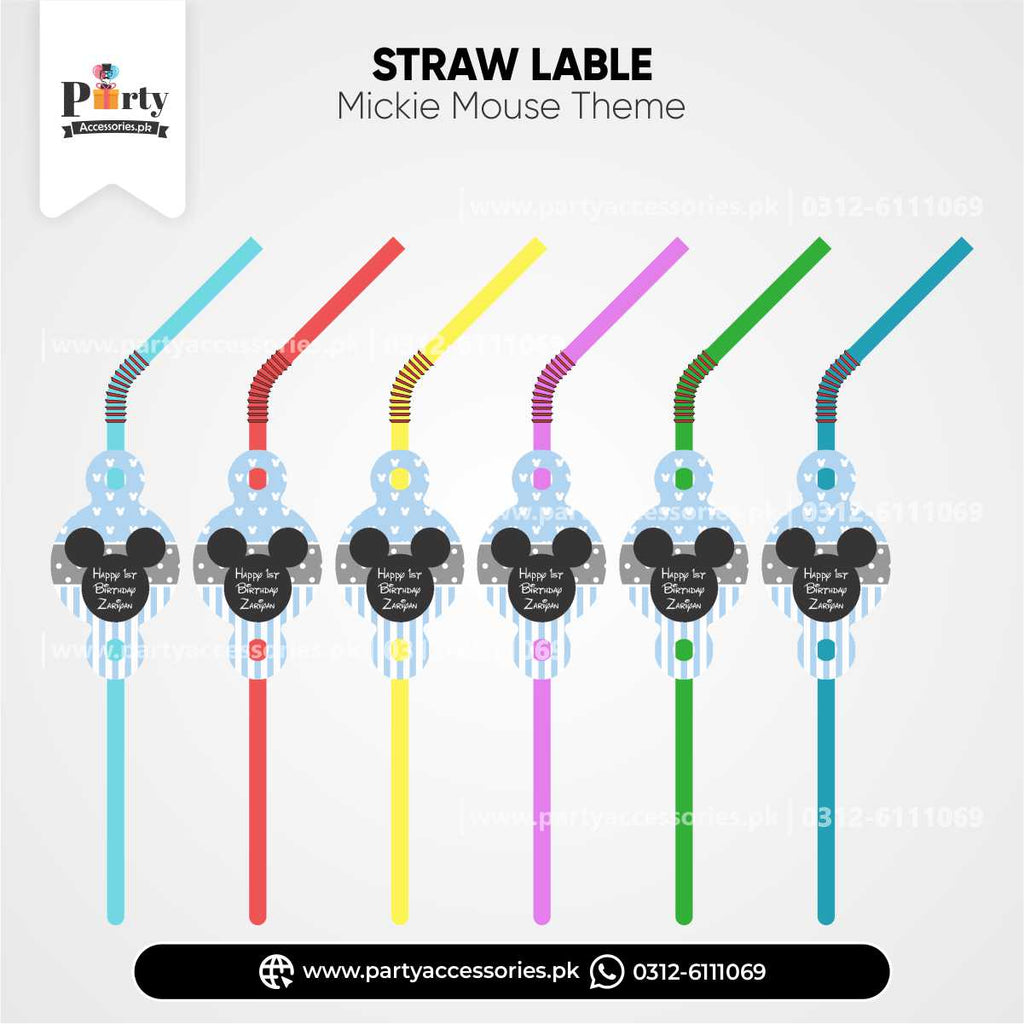 Mickey Mouse Theme Straws with Custom Labels for Party Drink Supplies