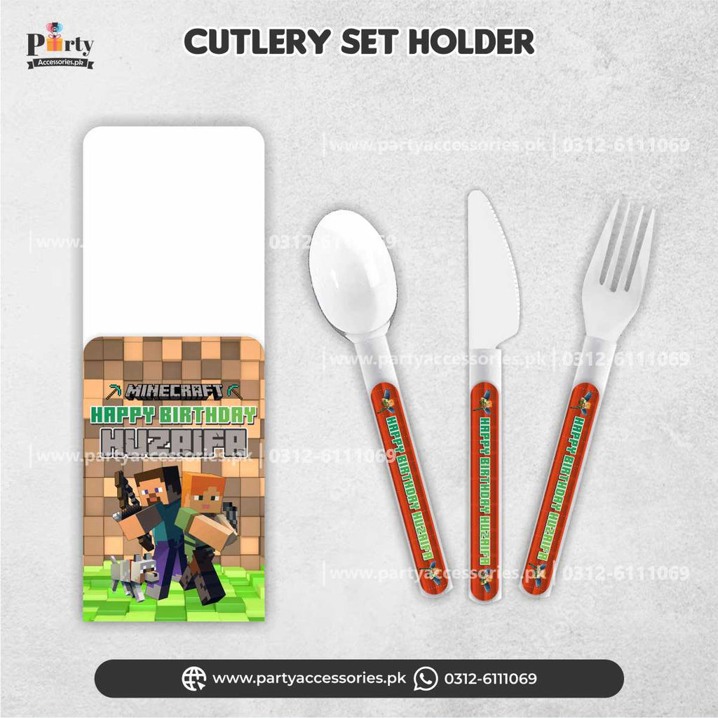 Minecraft Theme Customized Cutlery Set with Holders for Birthday Decorations 