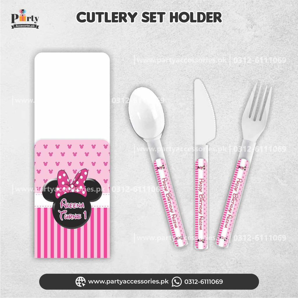 Minnie Mouse Theme Customized Cutlery Set with Holders for Birthday Decorations (Pack of 6)