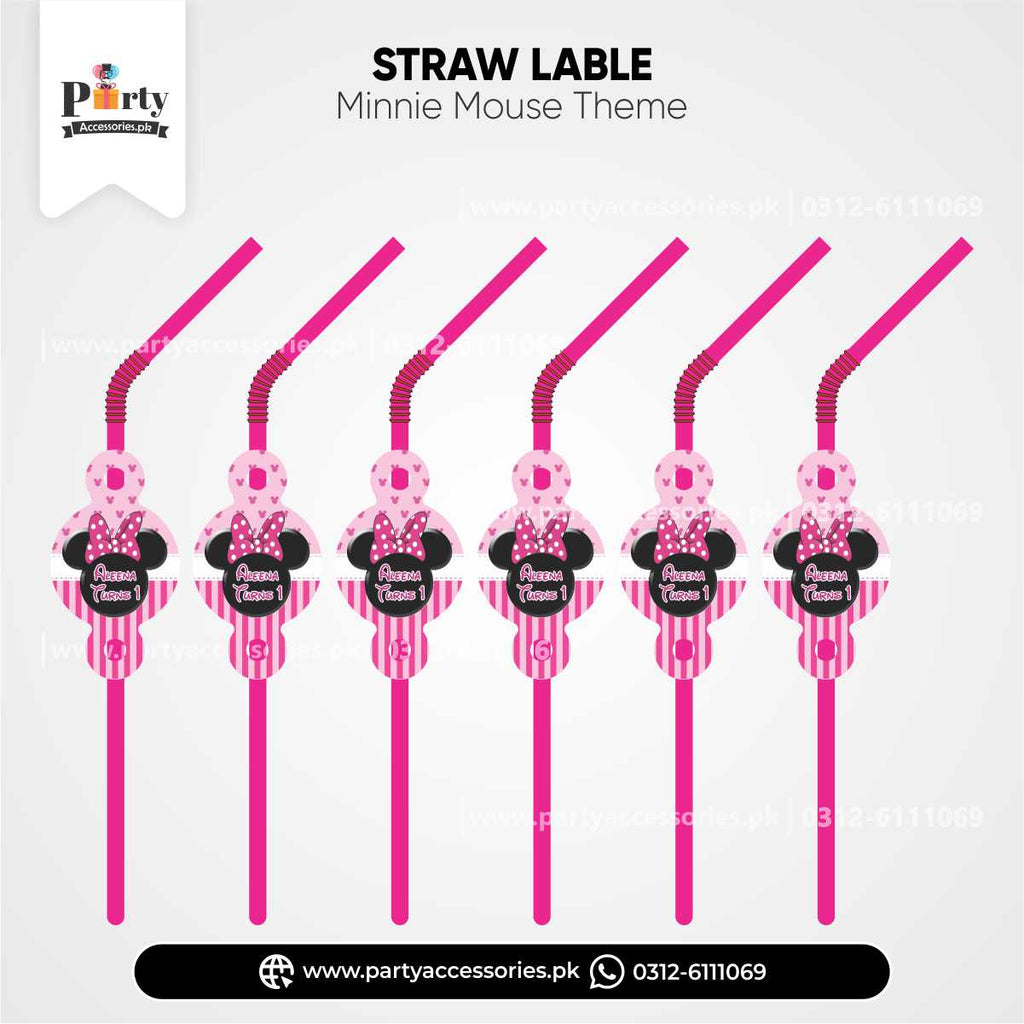 Minnie Mouse Theme Straws with Custom Labels for Party Drink Supplies