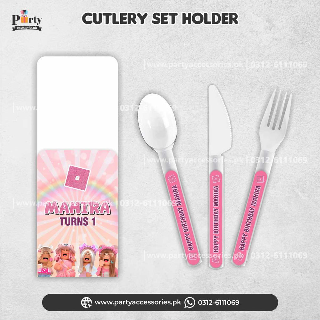 Roblox Girl Theme Customized Cutlery Set with Holders for Birthday Decorations