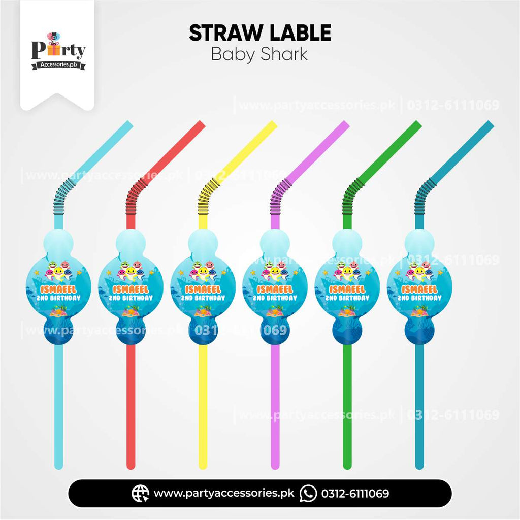 Straw with custom labels in baby shark theme for party decoration