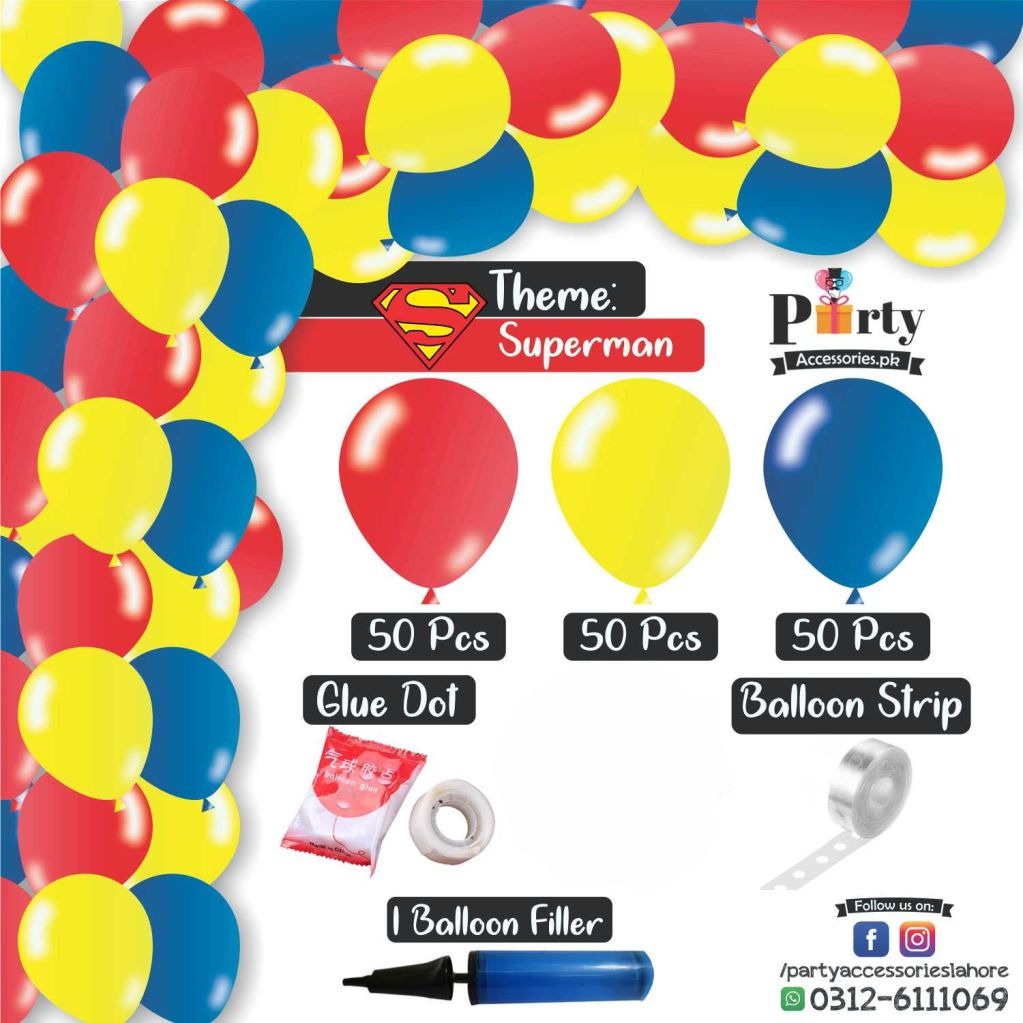 Balloon Arch Set Garland kit 150 balloons in Superman colors theme for party decoration