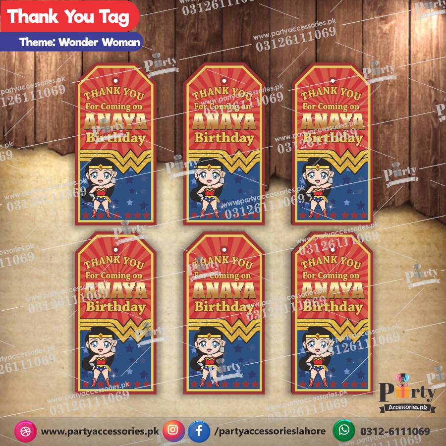wonder woman theme customized birthday party gift tags 