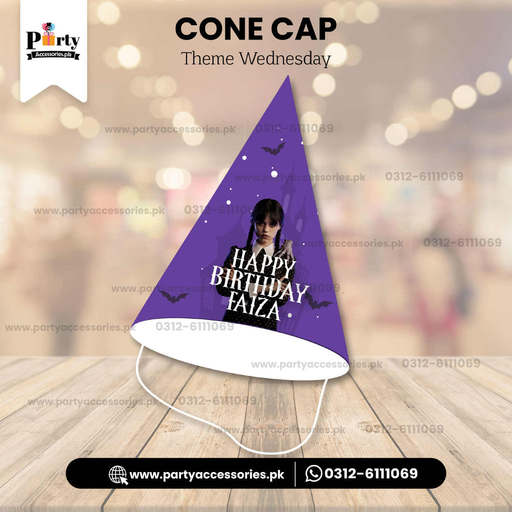 Customized Cone shape caps in Wednesday addams theme birthday party 