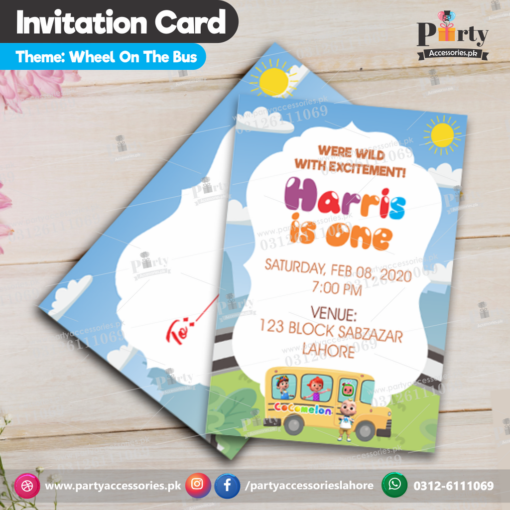 Wheels on the Bus theme birthday Party Invitation Cards customized