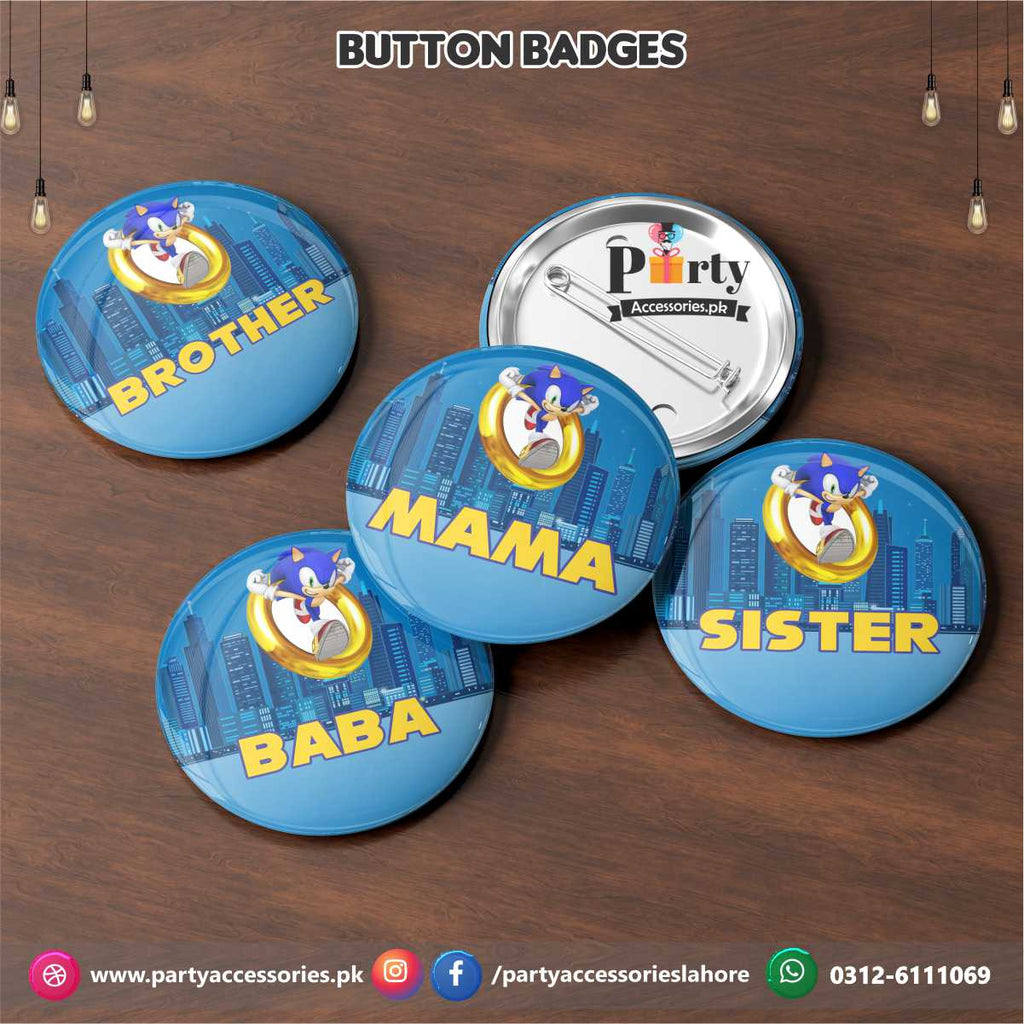 Customized button badges in Sonic theme birthday Party Celebration