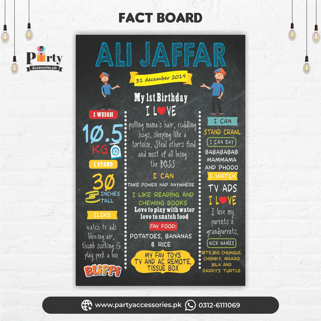 Customized Blippi theme first birthday Fact board
