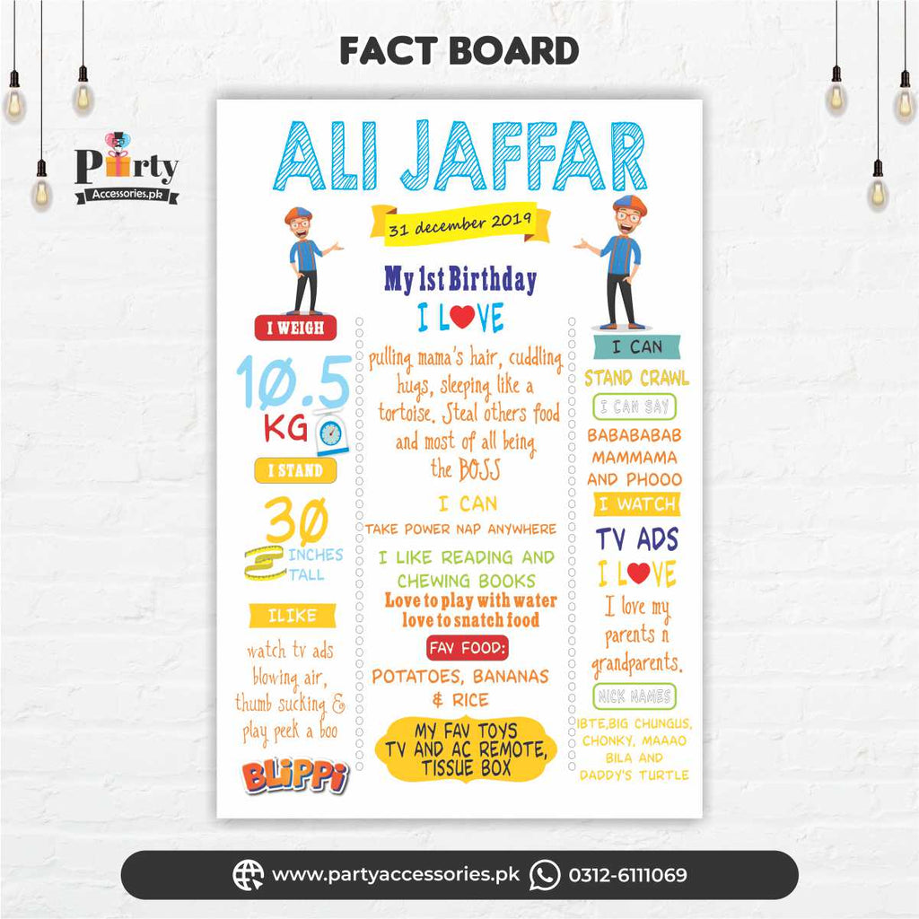 Customized Blippi theme first birthday Fact board / Milestone Board white premium