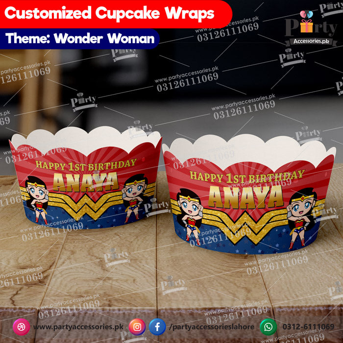 wonder woman theme birthday customized cupcake wraps 