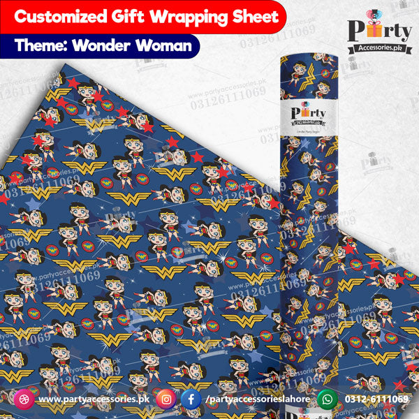 wonder woman theme birthday customized gift wrapping sheets in blue color 