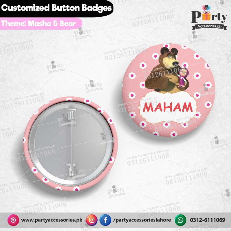 masha and the bear theme customized button badge for birthday girl 