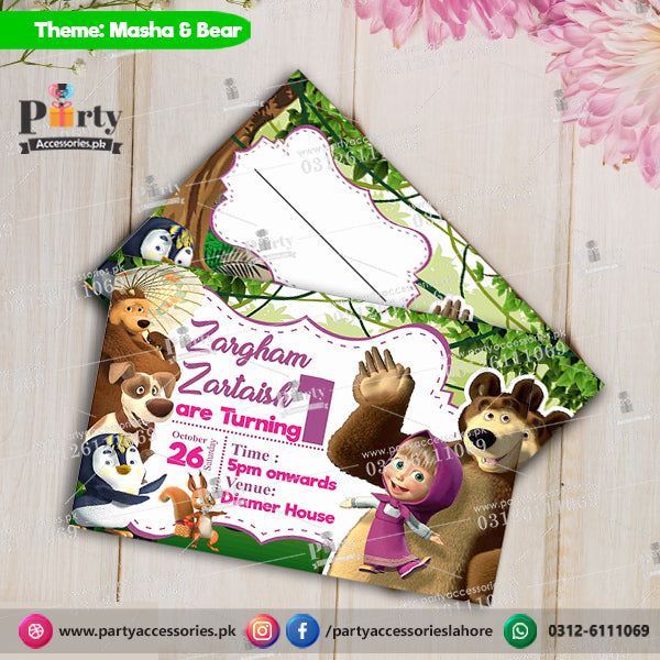 masha and the bear theme customized invitation cards for birthday