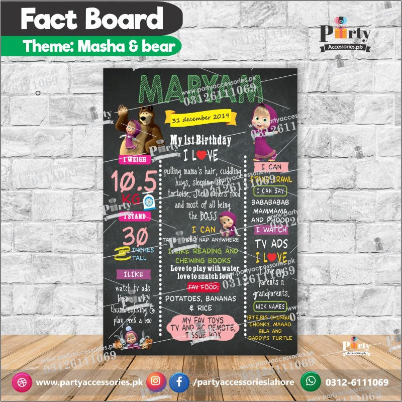 MASHA AND THE BEAR THEME CUSTOMIZED FACT / MILESTONE BOARD  for first birthday 