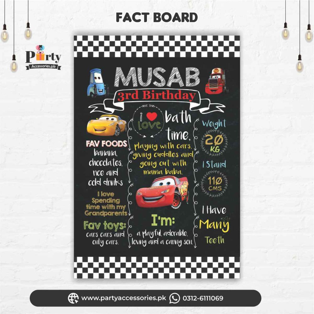 Customized McQueen theme first birthday Fact board 