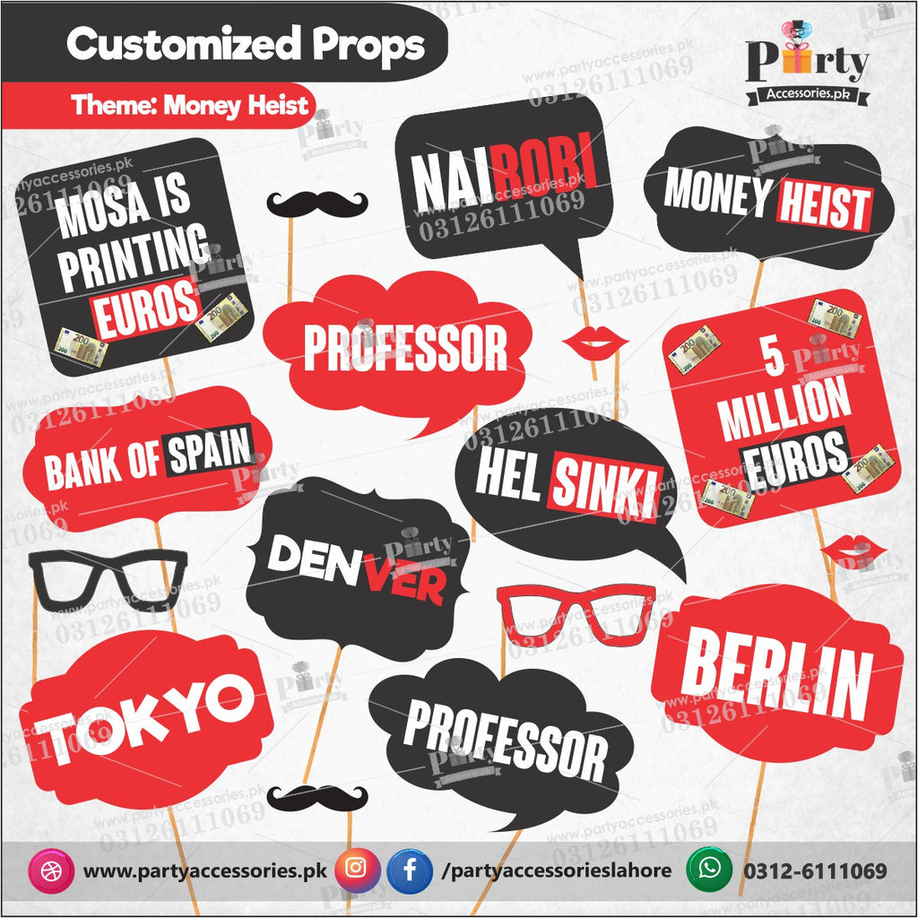 Customized props set for Money Heist theme birthday party
