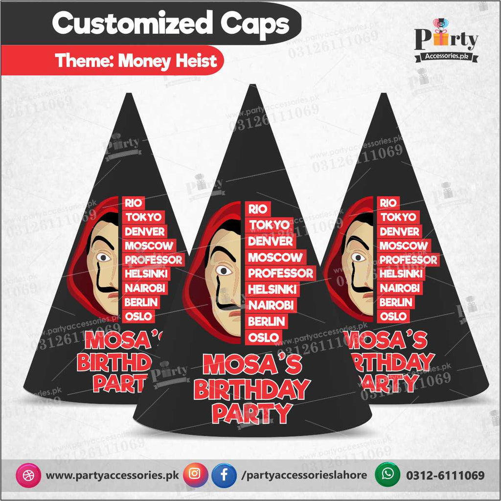 Customized caps in Money Heist theme birthday party