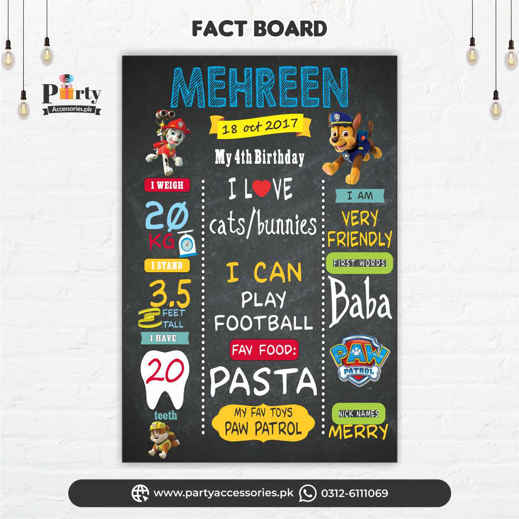 Customized Paw Patrol theme first birthday Fact board / Milestone Board black background DECORATION IDEAS