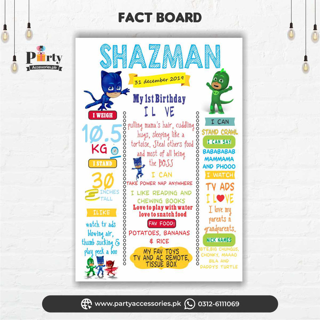 PJ Mask theme first birthday Customized  Fact board / Milestone Board white premium