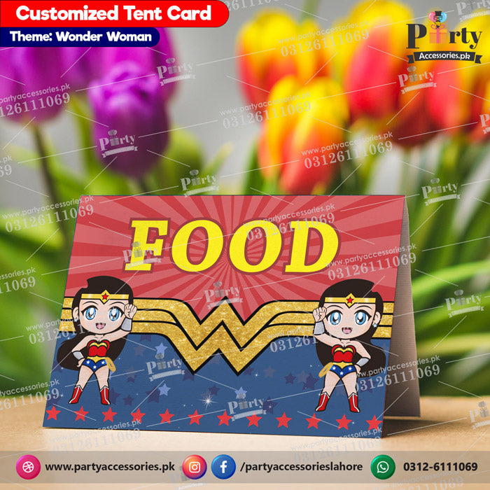 wonder woman theme customized table tent cards 