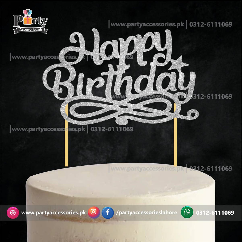 happy birthday cake topper silver