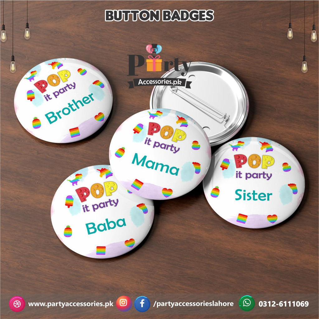 Pop It Party theme Button badges Pack of 6 | Party Accessories