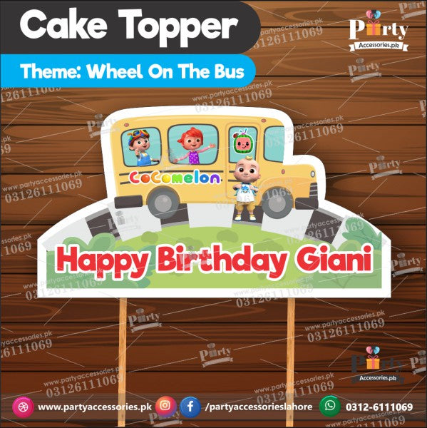 Customized card cake topper for birthday in Wheels on the bus theme