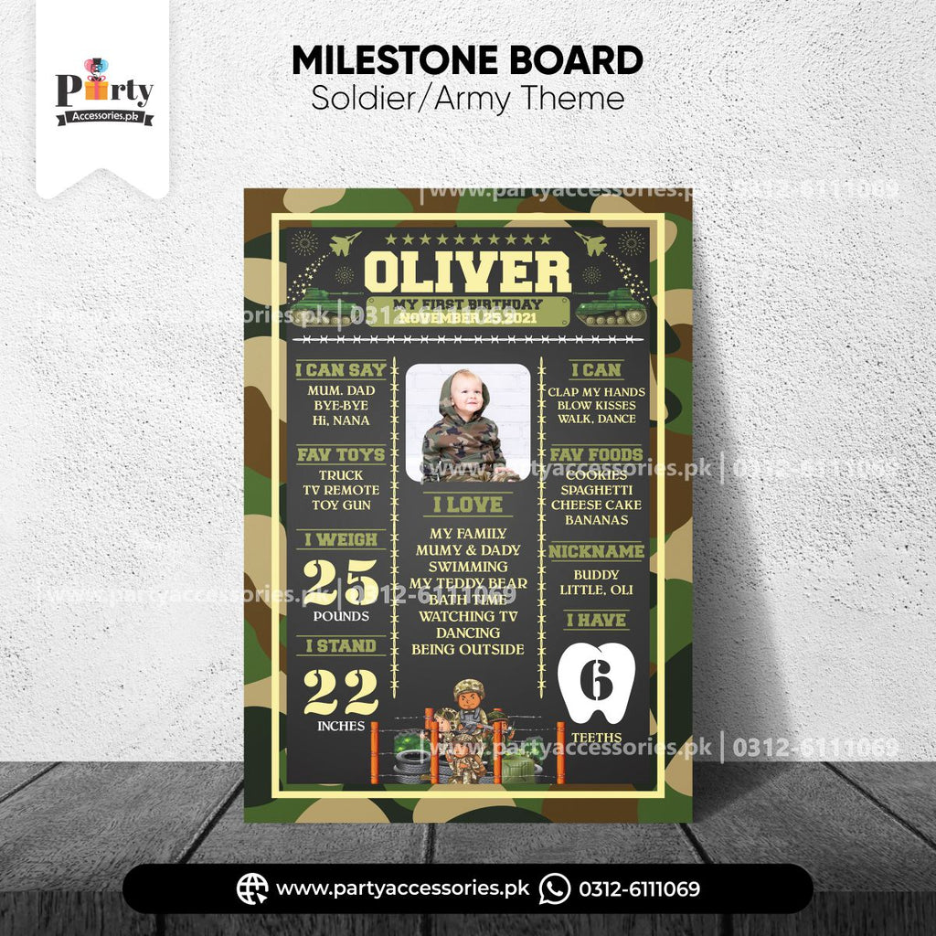 army theme customized first birthday fact board 