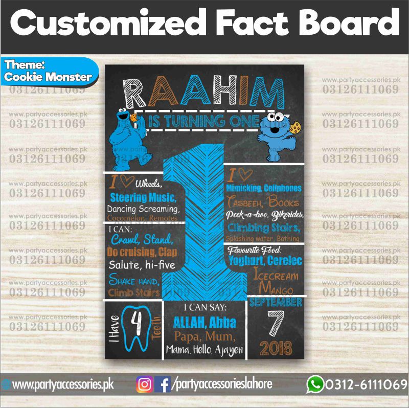 Customized Cookie Monster theme first birthday Fact board / Milestone Board
