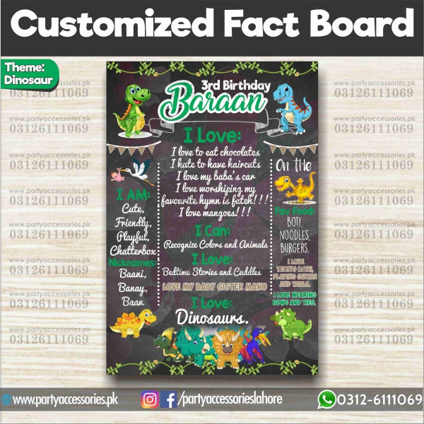 Customized Dinosaur theme first birthday Fact board / Milestone Board